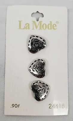 VINTAGE ~ Antique Silver Heart Buttons - 3 Ea. #24418 16mm 5/8  - By La Mode -02 • $3.95