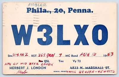 QSL CB Ham Radio W3LXO Ambler Pennsylvania Vtg Montgomery County CA 1953 Card • $5