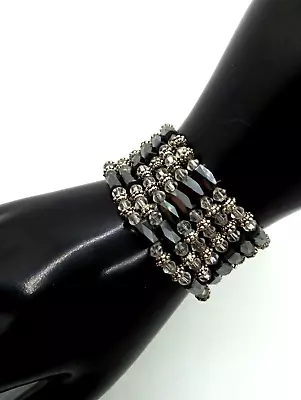 37  Magnetic Hematite Wrap Bracelet Clear Faceted Glass Accents Silver Tone • $11.96