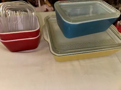 Vtg 8 Piece Pyrex Glass Primary Color Refrigerator Dish Set 50's Red Yellow Blue • $30