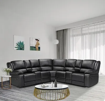 Large Retro Black PU Material Sectional Manual Reclining Sofa Living Room Couch • $1999.99