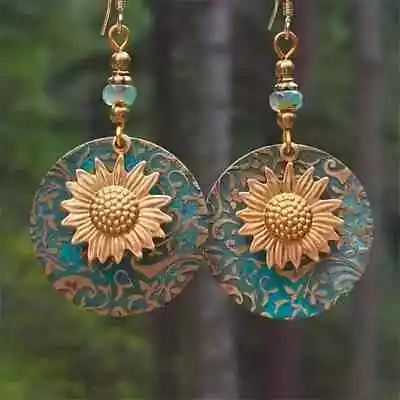 Bohemian Golden Sunflower Earrings Retro Vintage Pendant Earrings • $9.99