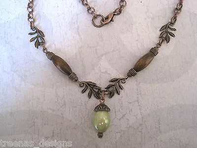 ACORN WITH OAK LEAVES Copper Tone Wood Bead Necklace 17 Inch Chain • £7.99