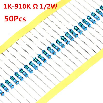 50Pcs 1/2W 0.5W Metal Film Resistor ±1% 1K -910K Ω Ohm 1 K - 910 K • $1.68