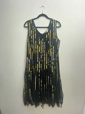 BEME DRESS Womens 14 Black & Yellow Summer Sleeveless Midi ROCK N ROLL Sz 14 • $23.89