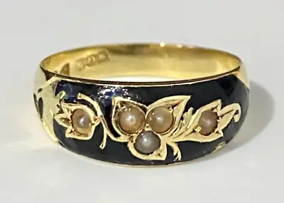 Edwardian 15K Solid Gold W/ Pearl & Enamel Mourning Ring Size M  -  6 • $390.79