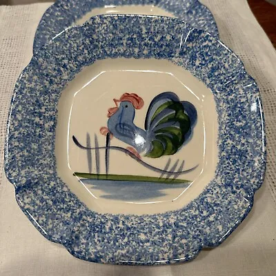 4 Vintage Rooster LA Pottery Blue Sponge Ware Dinner Plate Hand-painted Chicken • $75.32