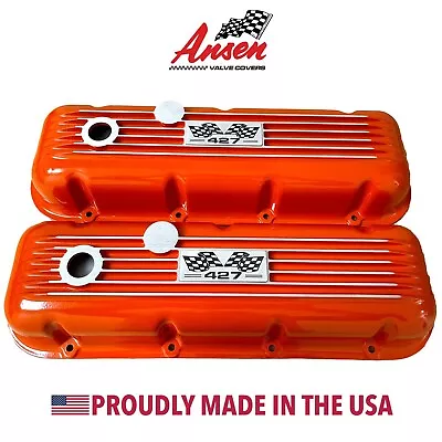 Big Block Chevy 427 Valve Covers Flag Logo Classic Finned Orange - Ansen USA • $195