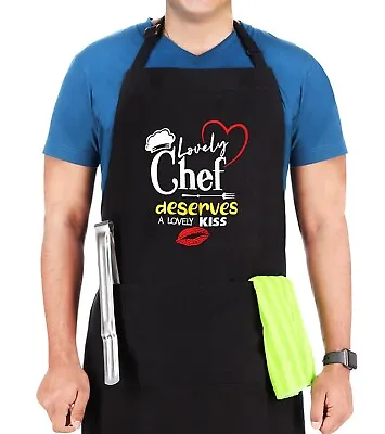 Embroidered Lovely Chef Deserve Lovely Kiss Gift Apron Grilling BBQ For Men • $13.99