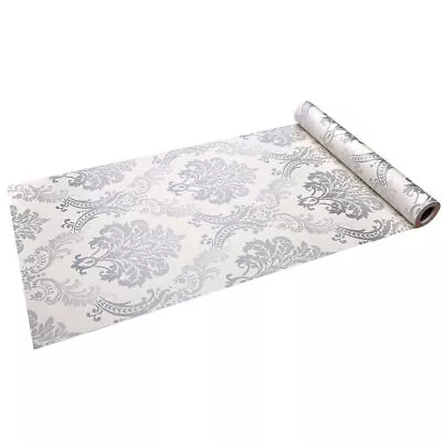 10m Wallpaper White & Silver Metallic Damask Feature Modern Contact Paper Decor • £15.35