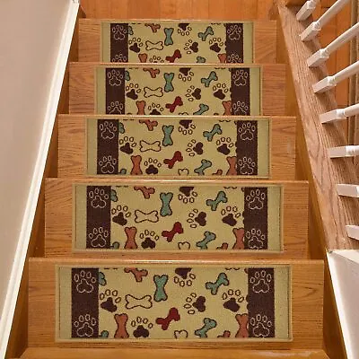 Stair Treads Skid Slip Resistant Backing Pet Paw And Bone Design 8 X26  (Beige) • $65.99