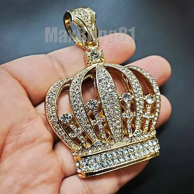 Hip Hop Jewelry Iced Gold Plated Cubic Zirconia Large King Crown Charm Pendant • $18.99