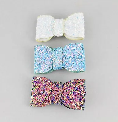 Small Glitter Bow Set Barrette Hair Clip 1 5/8  Wide White Turquoise Multi Color • $3.88