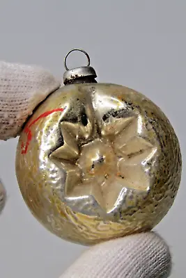 Vintage Glass STAR Embossed Gold BALL Mini Feather Tree Christmas Ornament Japan • $35