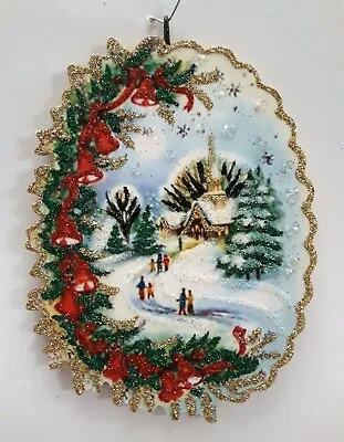 SNOWY CHURCH SCENE W RED BELLS HOLLY  * Glitter CHRISTMAS ORNAMENT * Vtg Img • $10.50