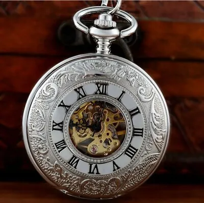 Luxury Silver Double Hunter Skeleton Mechanical Pocket Watch Chain Vintage Gift • £19.99