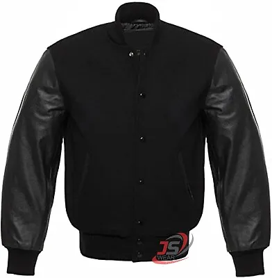 Varsity Bomber Letterman Solid Black Wool & Real Cowhide Leather Sleeves Jackets • $105.77