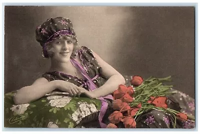 C1910's Pretty Woman Curly Hair Bonnet Tulip Flowers Carbonette Tuck's Postcard • $14.95