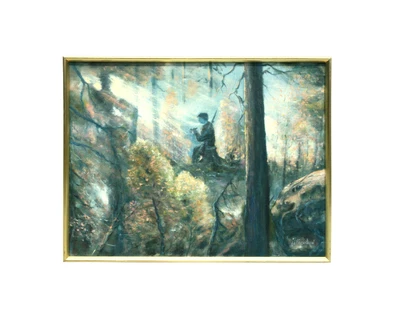 £65 • Buy Oil On Canvas, Hunter In Forest Landscape, Painting, By Jörgen Fagerlund 1985