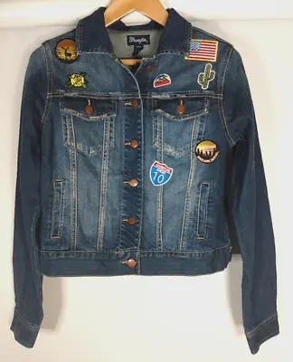 Wrangler Denim Trucker Jean Jacket Patches L Blue Womens Distressed Stretch • $34.99