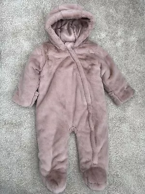 Matalan Baby Girls Snowsuit Pramsuit Size 9-12 Months Pink Faux Fur • £10