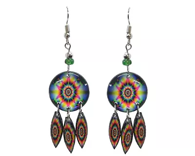 Round Psychedelic Long Dangle Earrings Trippy Art Graphic Hippie Boho Jewelry • $13.99
