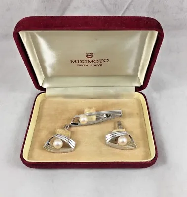 Beautiful Mikimoto Pearl 14K White Gold Cufflinks & Tie Clip Box Set • $1999