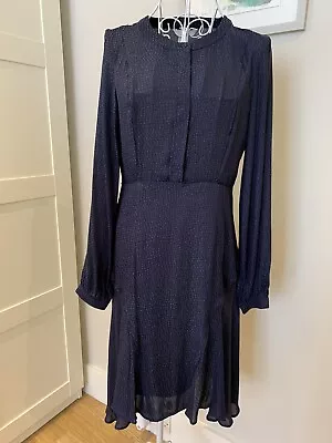 H&M  Dark Blue/Patterned  Jacquard-weave Dress Dot Ruffle Midi Dress Size 8 Uk • £8