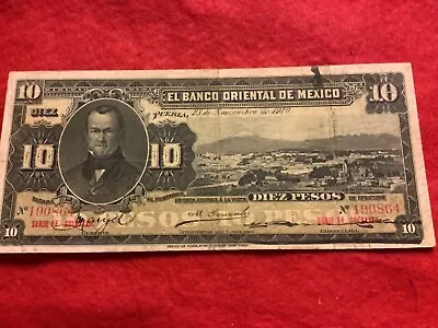 1910 Mexico 10 Pesos | World Banknote Grading VF25 L Oriental De Mexico | Large • $75