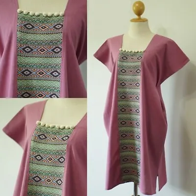 Women's Thai Hill Style Cotton Purple Pink Color Midi Dress Hmong Free Size • $39