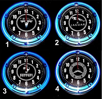 TESLA JAGUAR FERRARI Or MERCEDES LOGO 11  Blue Neon Wall Clocks  • $84.99