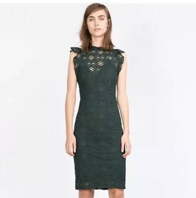 Zara Forest Green Lace Fluttered Cap Sleeve Midi Dress • $35