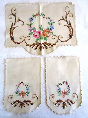 Vintage Set Of 3 Doilies Floral Cross-stitch Ivory Linen/crocheted Edge • $7