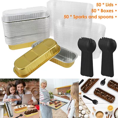 150Pcs Mini Loaf Pans With Lids And Spoons 200ml Non-Stick Aluminum Foil Liners • £13.18