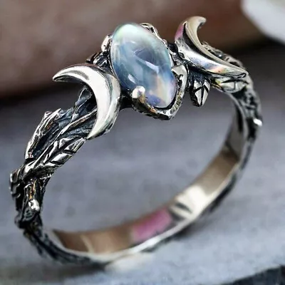 Woman Silver Bohemian Triple Moon Phase Ring Natural Moonstone Moon Ring Jewelry • $1.51