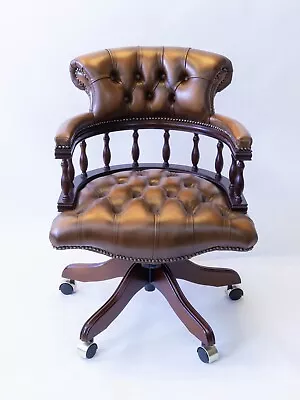 Reproduction Leather Captain Desk Chair In Mahogany Finish - Antique Tan • £628