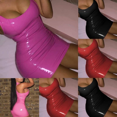 $23.43 • Buy AU Womens PVC Faux Leather WET LOOK Bodycon Party Mini Dress Sleeveless Clubwear