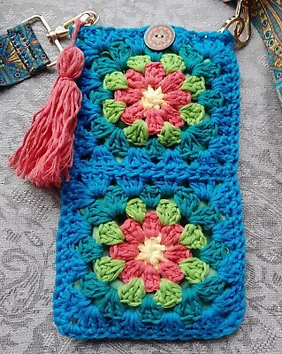 Hand Crochet Crossbody Mobile Phone Water Bottle Carrier Blue Green Rose Lined • £8.50