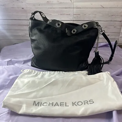 Michael Kors Black Pebbled Large Shoulder Handbag With Tassel Soft Leather • $89.99