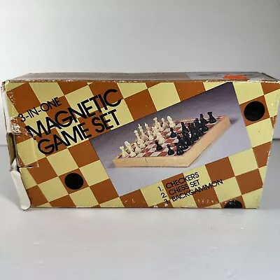 Vintage 3-IN-ONE Backgammon Checkers Chess Magnetic Wood Case Travel 1984 • $15