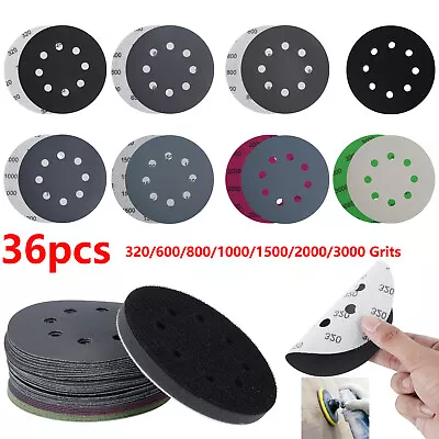 £9.99 • Buy 36X 5'' 8 Hole Sanding Discs 320-3000 Grit Wet Dry Sanding Discs Pad+Sponge Pad