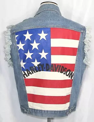 Harley Davidson American Flag Fringe Sleeve Denim Vest Mens Small USA 48  Chest • $89.99