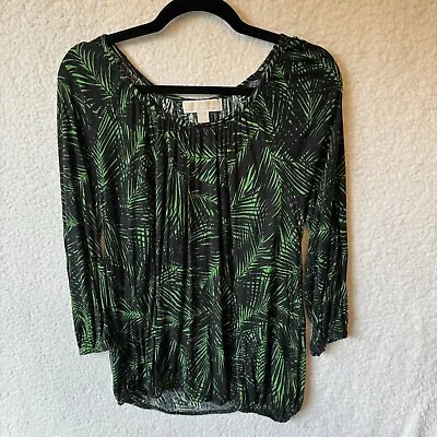Michael Kors Green Palm Leaf Blouse Long Bell Sleeve Top Women's PM • $19.99