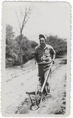 Man Push Hand Plow Farming Farm Implement Vintage Occupational Photo Agriculture • $3.95