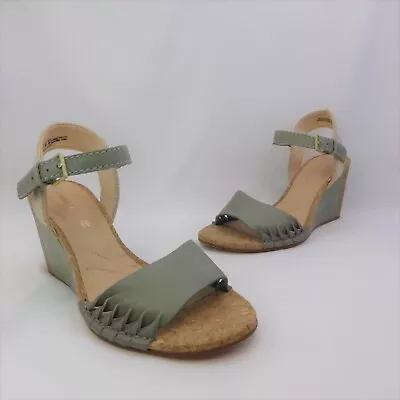 Clarks UK4.5 D Leather Wedge Sandals Open Toe Mint Green Cushion+ EU37.5  • £24