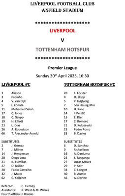 £2 • Buy Liverpool V Tottenham, 30/4/2023, Premier League, Unofficial Team Sheet