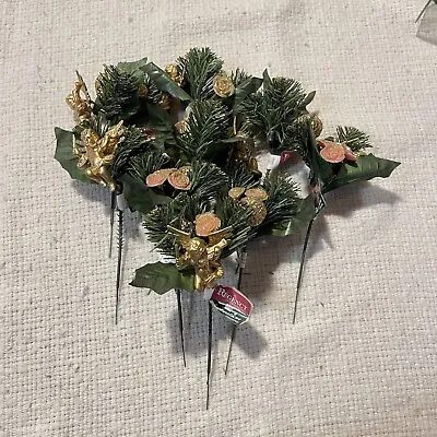 Vintage 8 Floral Christmas Picks Victorian Gold Pink Rose Cherub Pinecone Green • $12