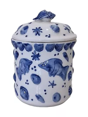 Decorative Ceramic Storage Cannister Fish Shell Ocean Design White Blue Nautical • £14.83