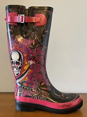 Ed Hardy Women’s Ghost Skull Rubber Rain Boots Pink & Black Size 5 • $70