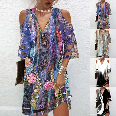 Women V-Neck Floral Mini Dress Cold Shoulder Evening Cocktail Party Dress Summer • $20.99